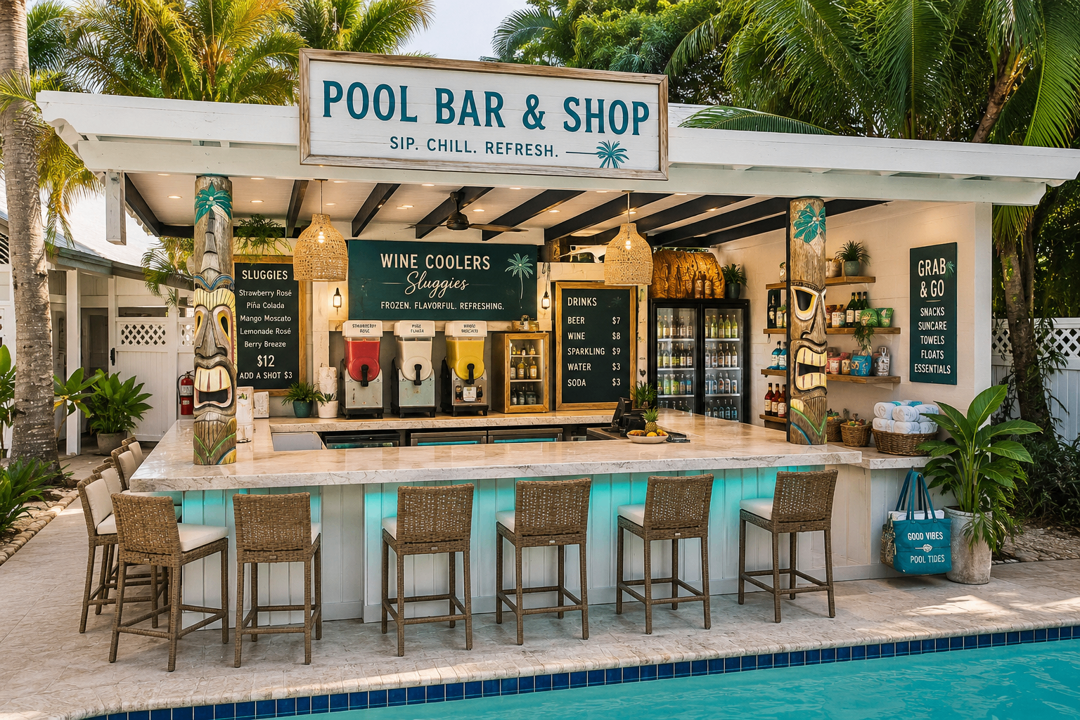 Activated Pool Bar & Shop with slushie machines, wine coolers, and grab-and-go retail