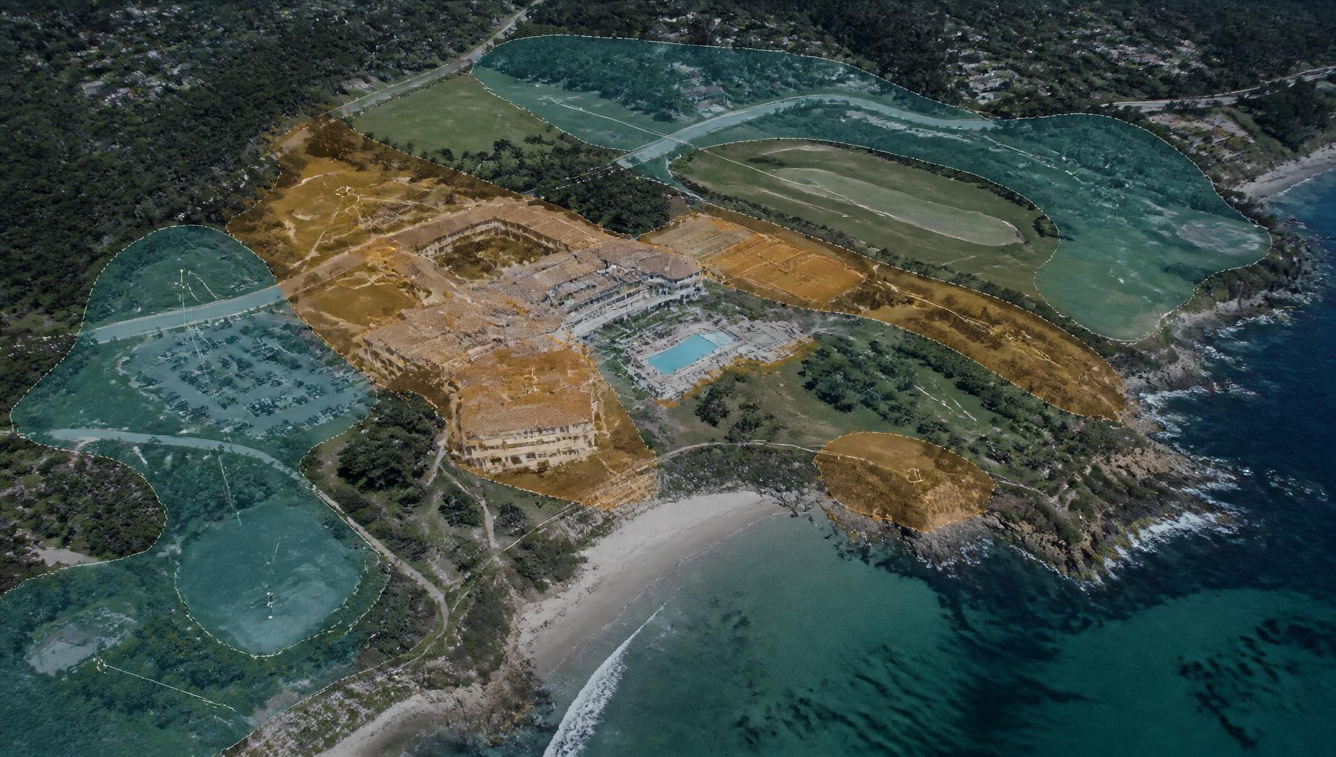 Aerial view of a resort property with analytical opportunity zones overlaid