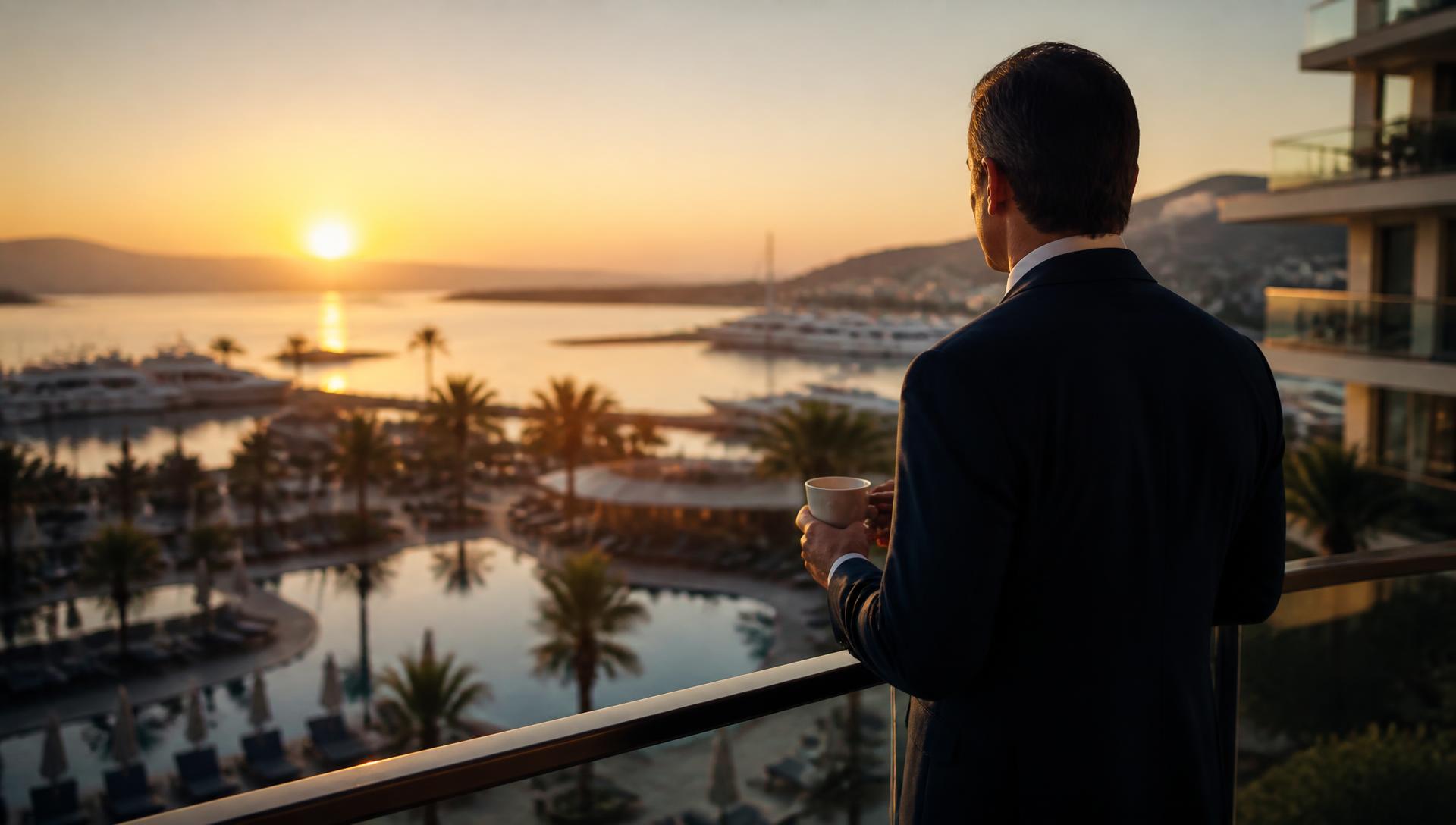 A hospitality executive on a balcony at sunrise with coffee, looking over the resort and marina