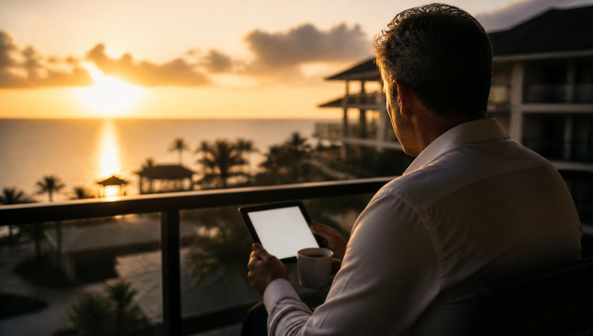 Sunrise over the water, seen from a quiet terrace