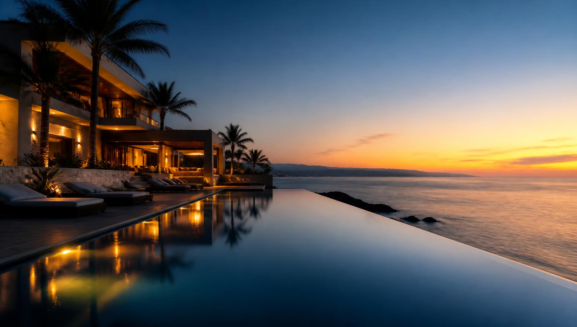 A resort at first light, the pool deck still empty