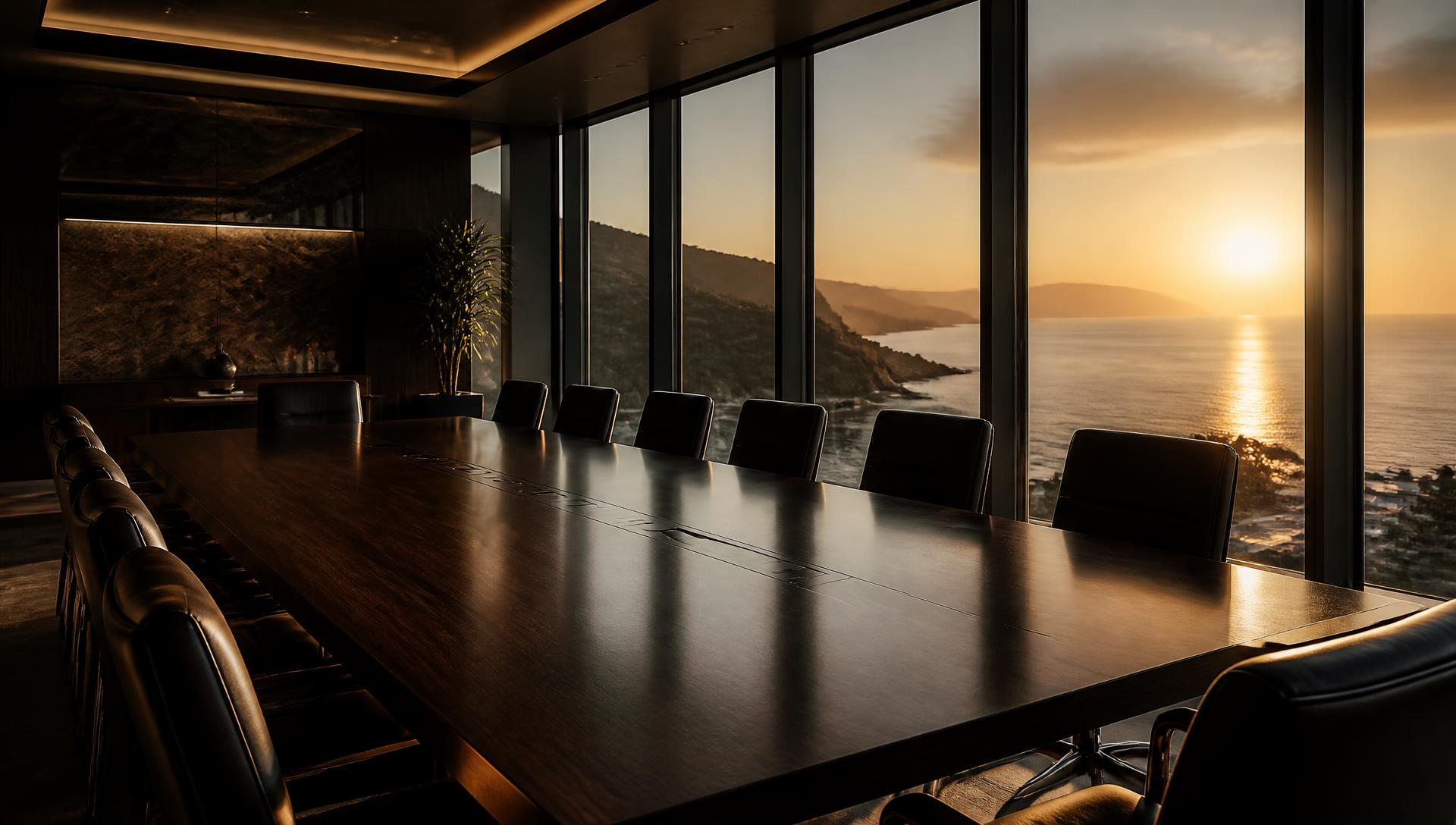 An executive boardroom above the coastline at first light