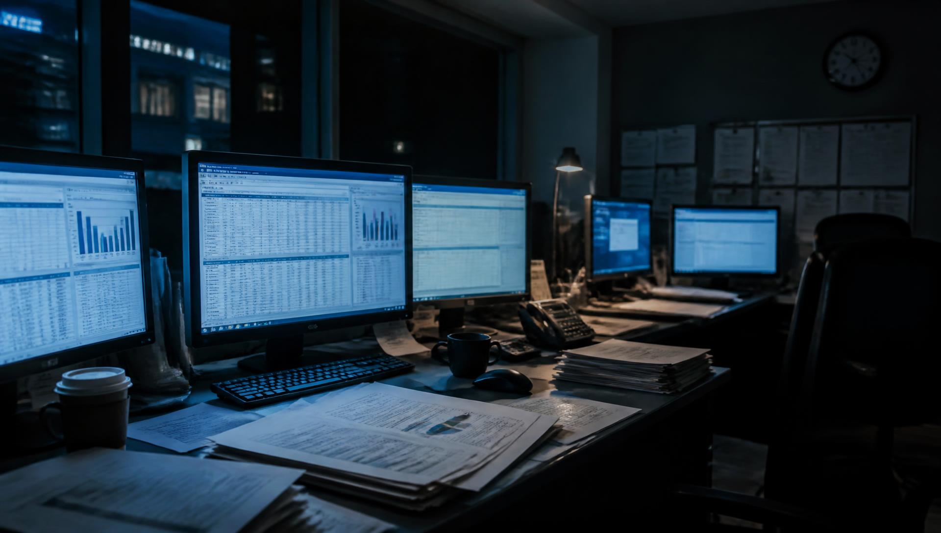 A hotel back office at night with several monitors of spreadsheets and stacks of printed reports