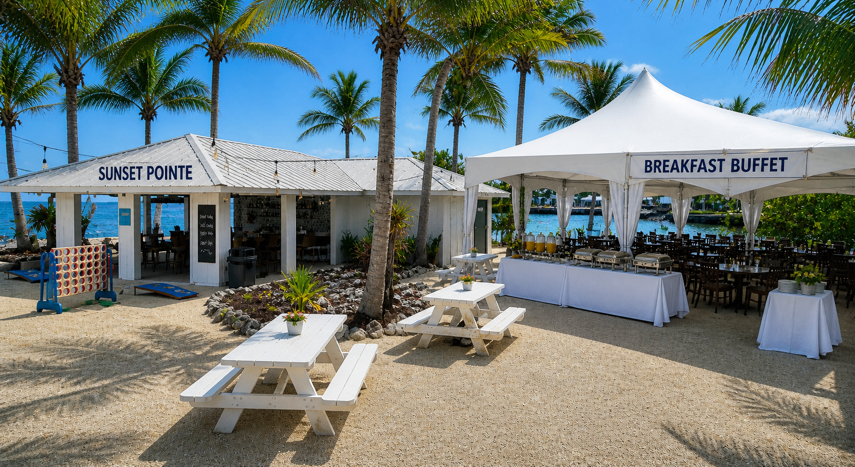 Sunset Pointe bar with adjacent Breakfast Buffet tent on the beach at Banana Bay Resort & Marina